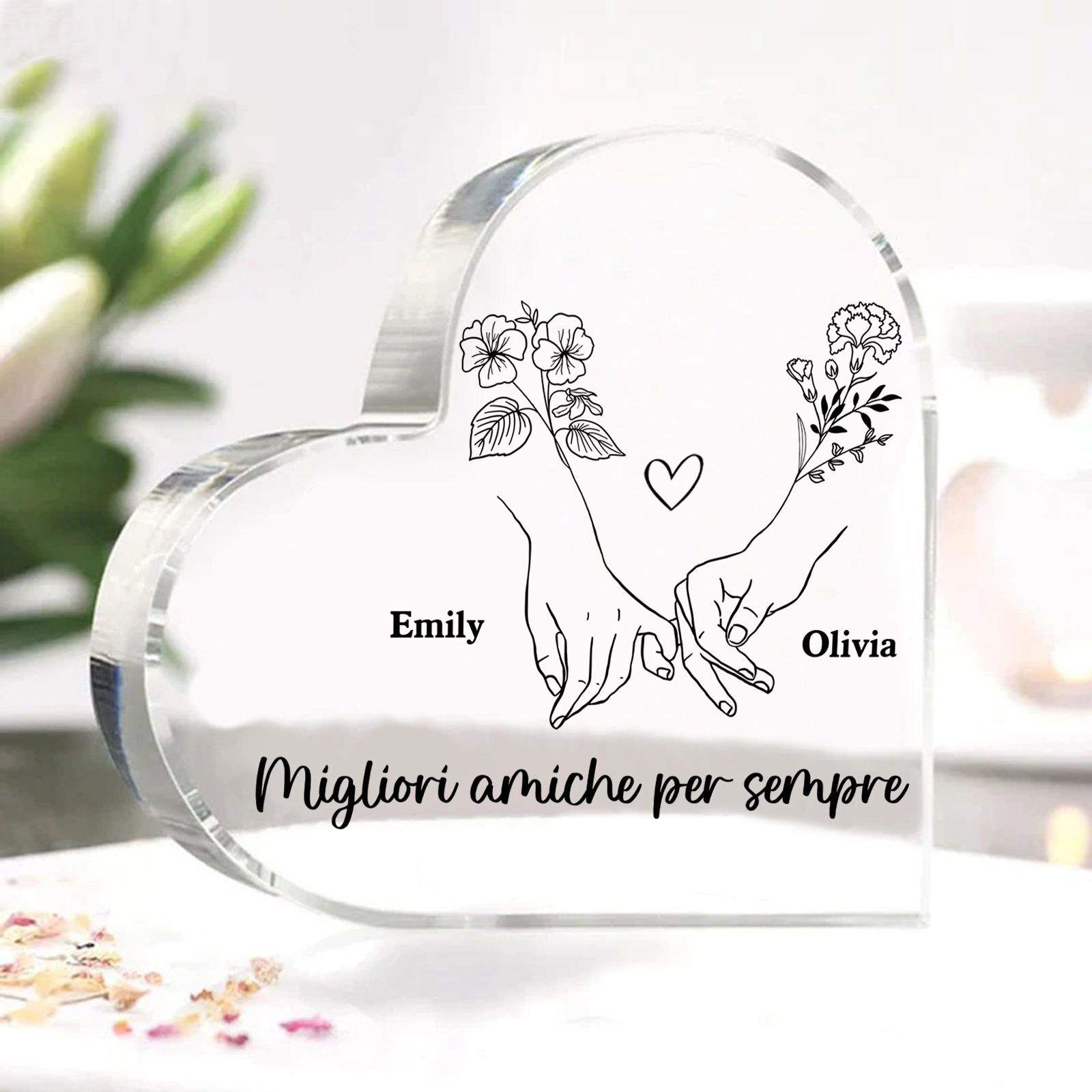 Ornamento acrilico personalizzato per amico, 2 nomi e fiori di nascita personalizzati, ornamento da scrivania a forma di cuore in acrilico per amico | Jessemade