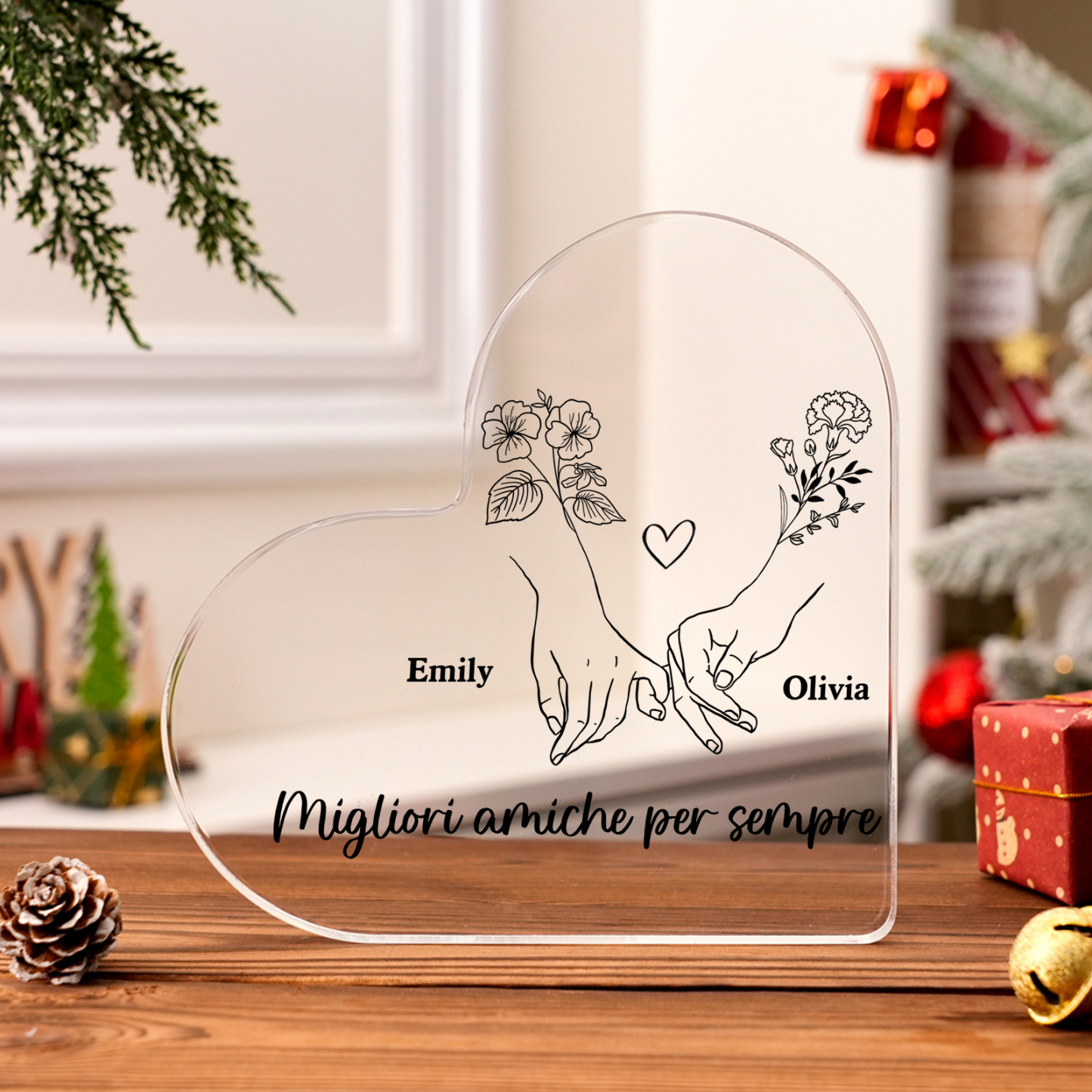 Ornamento acrilico personalizzato per amico, 2 nomi e fiori di nascita personalizzati, ornamento da scrivania a forma di cuore in acrilico per amico | Jessemade