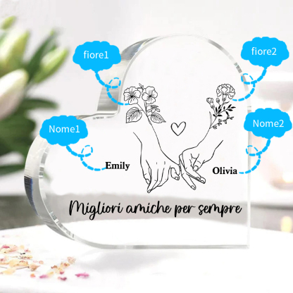 Ornamento acrilico personalizzato per amico, 2 nomi e fiori di nascita personalizzati, ornamento da scrivania a forma di cuore in acrilico per amico | Jessemade