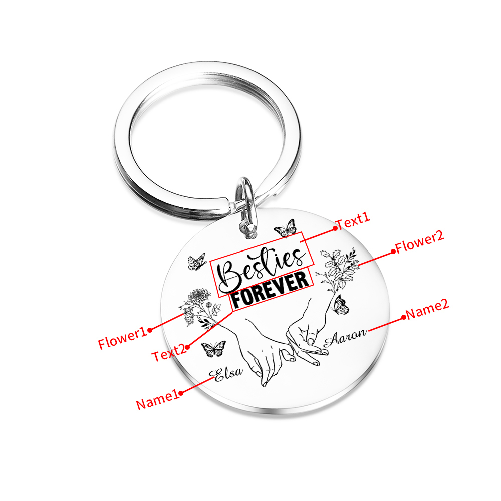 Personalized Friendship Keychain Custom 2 Names & Birth Flowers & Texts Special Keychain Gift For Friends | Jessemade