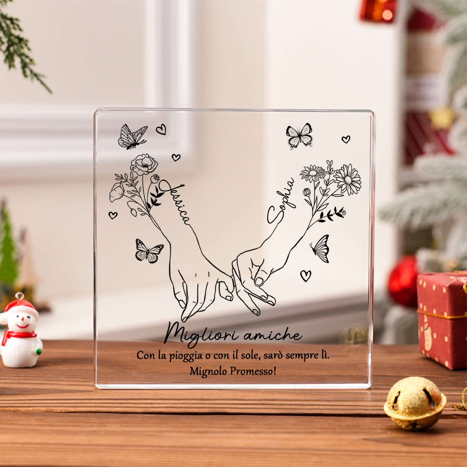 Ornamento acrilico personalizzato per amico, 2 nomi e fiori di nascita, ornamento da tavolo quadrato in acrilico, regalo di amicizia | Jessemade
