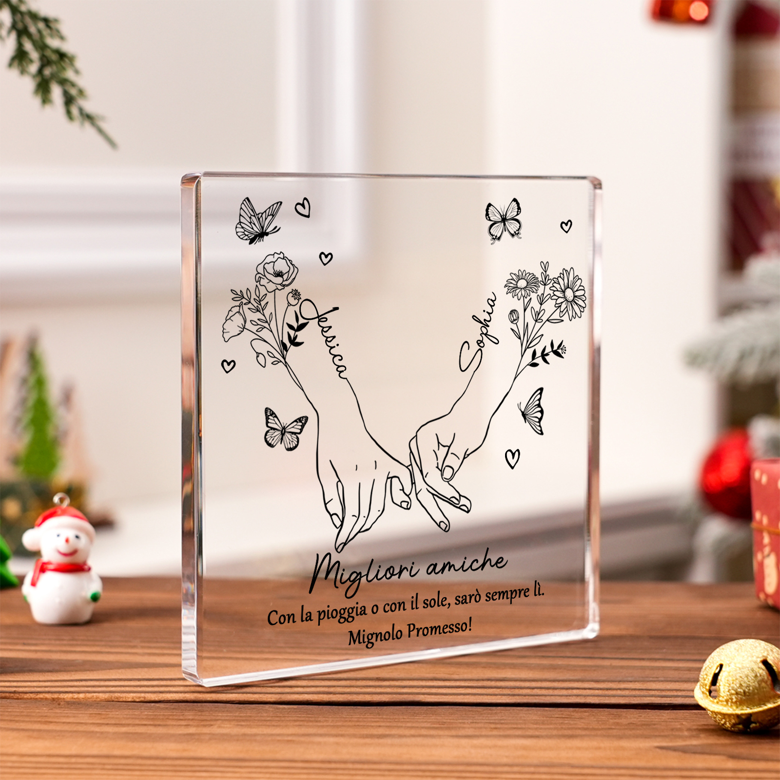 Ornamento acrilico personalizzato per amico, 2 nomi e fiori di nascita, ornamento da tavolo quadrato in acrilico, regalo di amicizia | Jessemade