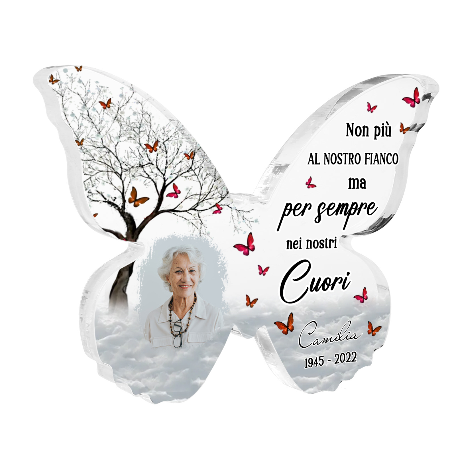 Regalo commemorativo personalizzato a forma di farfalla Ornamento da tavolo commemorativo personalizzato in acrilico - Non più al nostro fianco ma per sempre nei nostri cuori