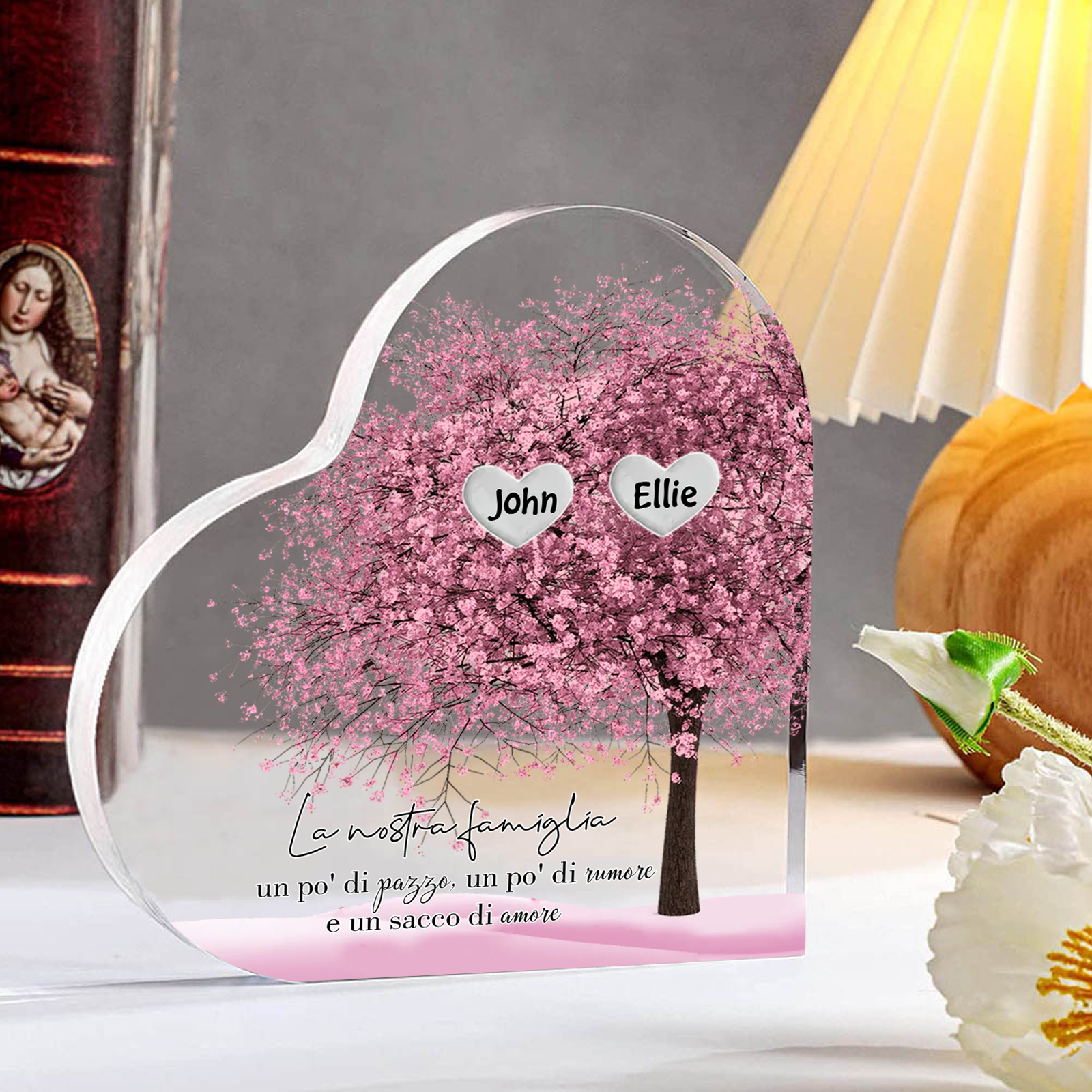 La Nostra Famiglia-Decorazione cuore acrilica con albero di cuore rosa con 2 nomi personalizzato