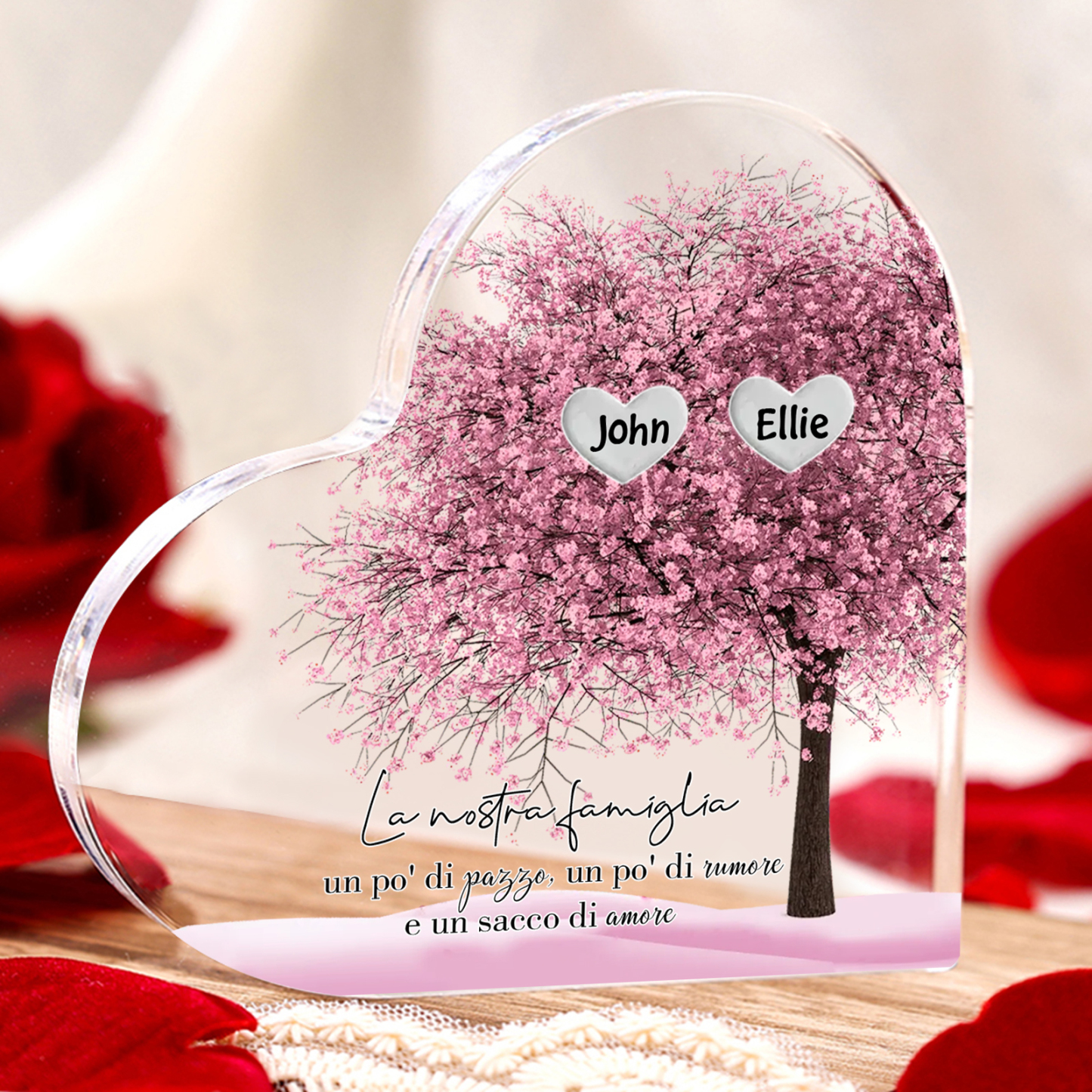 La Nostra Famiglia-Decorazione cuore acrilica con albero di cuore rosa con 2 nomi personalizzato