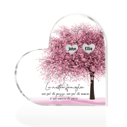 La Nostra Famiglia-Decorazione cuore acrilica con albero di cuore rosa con 2 nomi personalizzato
