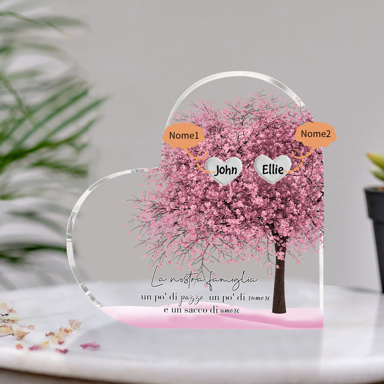 La Nostra Famiglia-Decorazione cuore acrilica con albero di cuore rosa con 2 nomi personalizzato