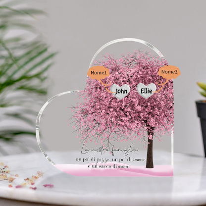 La Nostra Famiglia-Decorazione cuore acrilica con albero di cuore rosa con 2 nomi personalizzato
