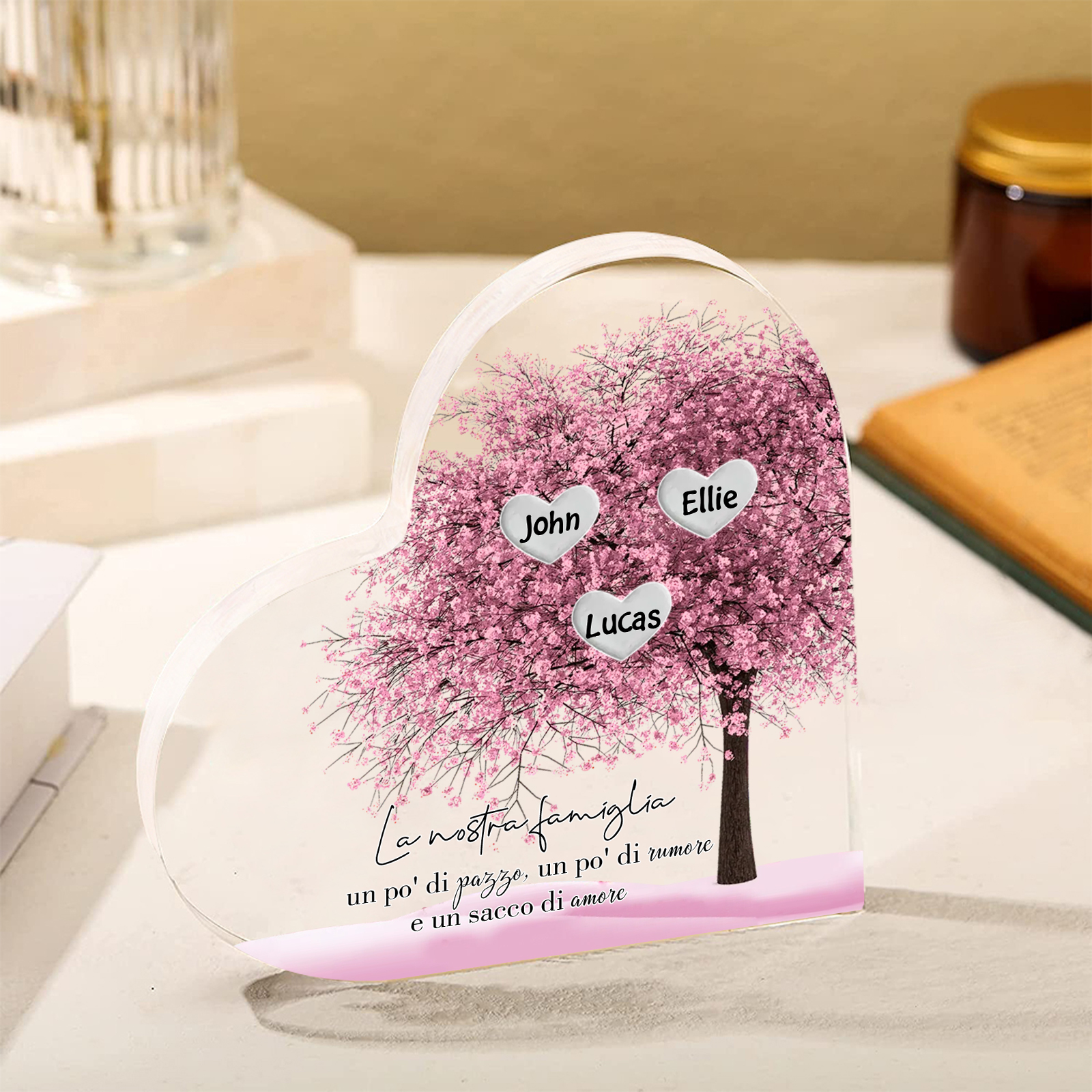 La Nostra Famiglia-Decorazione cuore acrilica con albero di cuore rosa con 3 nomi personalizzato