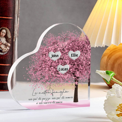 La Nostra Famiglia-Decorazione cuore acrilica con albero di cuore rosa con 3 nomi personalizzato