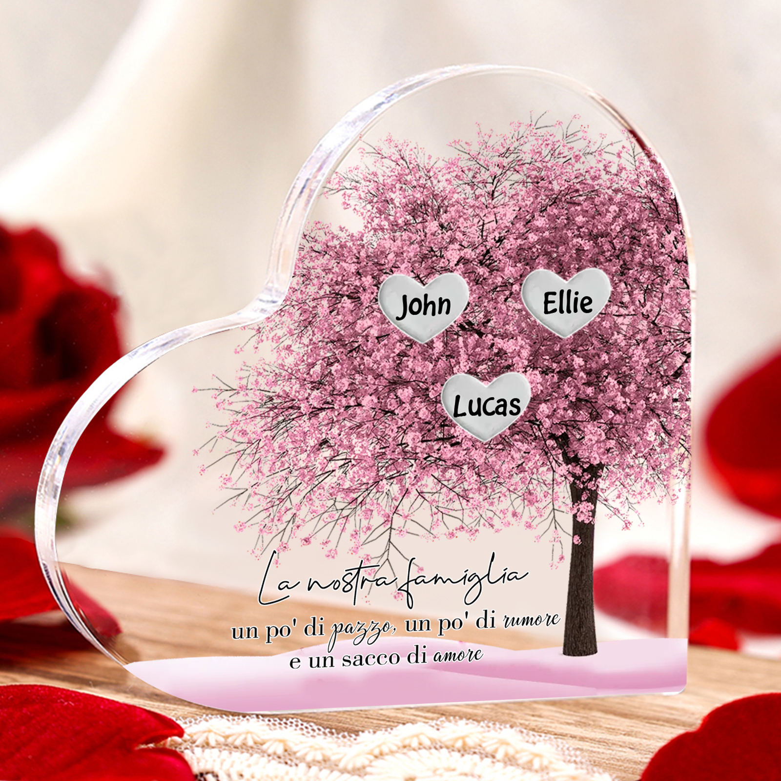 La Nostra Famiglia-Decorazione cuore acrilica con albero di cuore rosa con 3 nomi personalizzato
