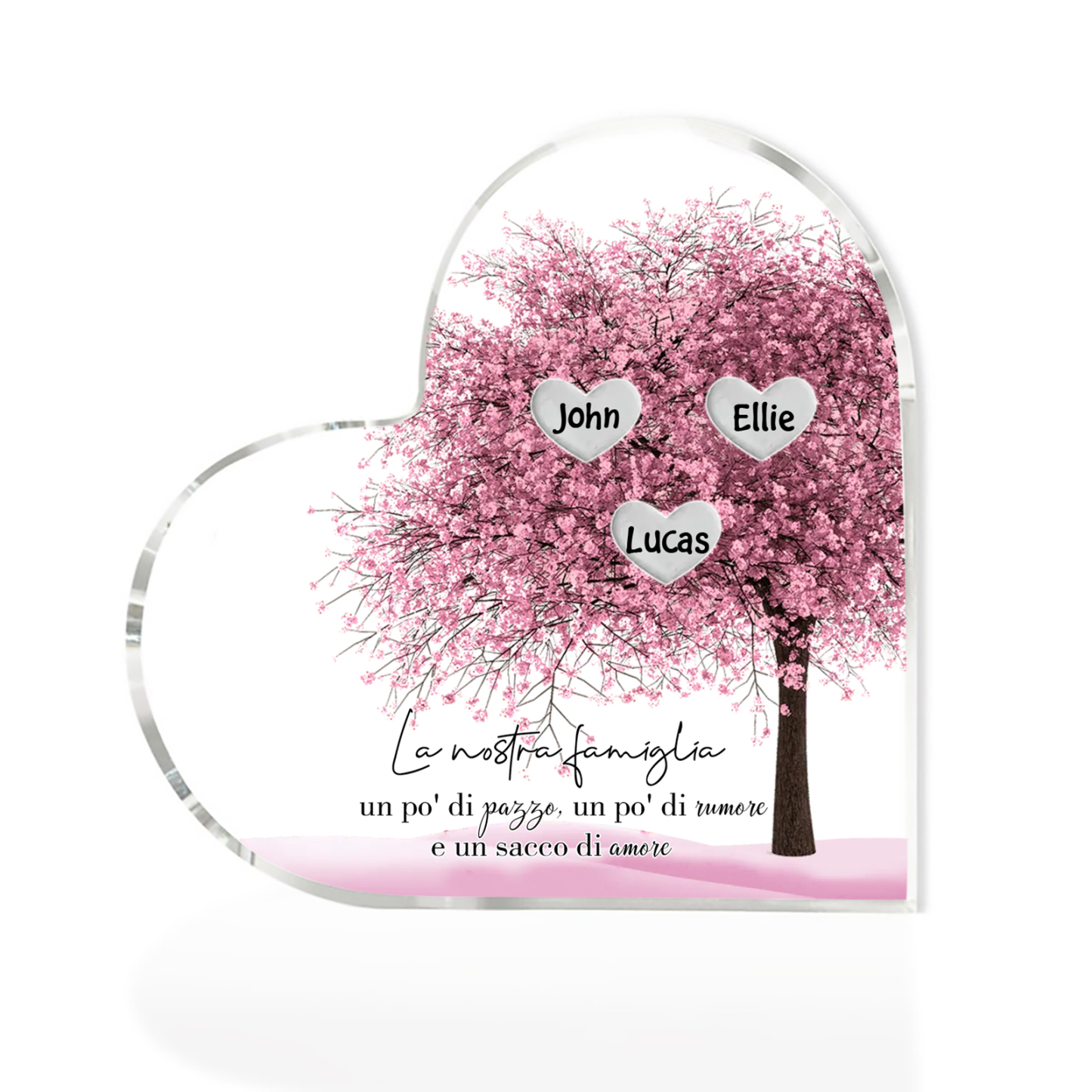 La Nostra Famiglia-Decorazione cuore acrilica con albero di cuore rosa con 3 nomi personalizzato