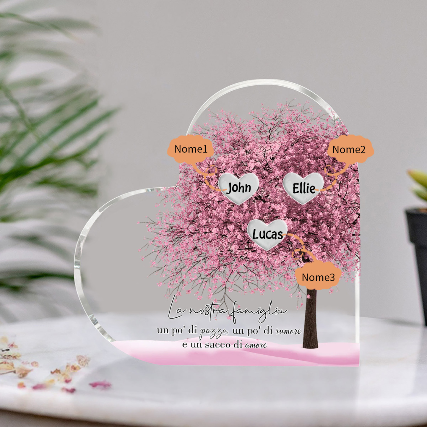 La Nostra Famiglia-Decorazione cuore acrilica con albero di cuore rosa con 3 nomi personalizzato