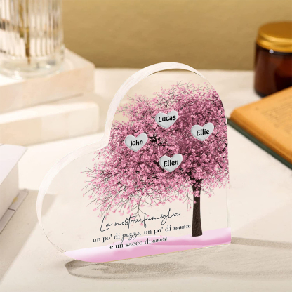 La Nostra Famiglia-Decorazione cuore acrilica con albero di cuore rosa con 4 nomi personalizzato
