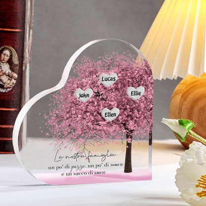 La Nostra Famiglia-Decorazione cuore acrilica con albero di cuore rosa con 4 nomi personalizzato