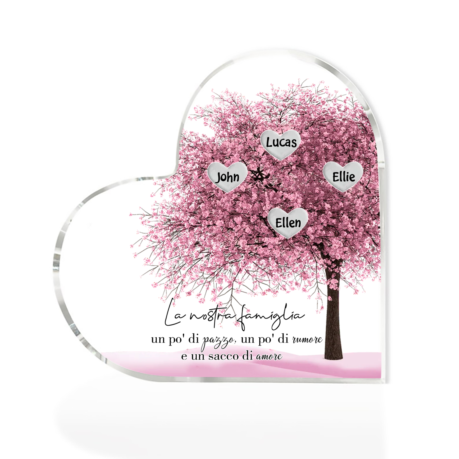 La Nostra Famiglia-Decorazione cuore acrilica con albero di cuore rosa con 4 nomi personalizzato
