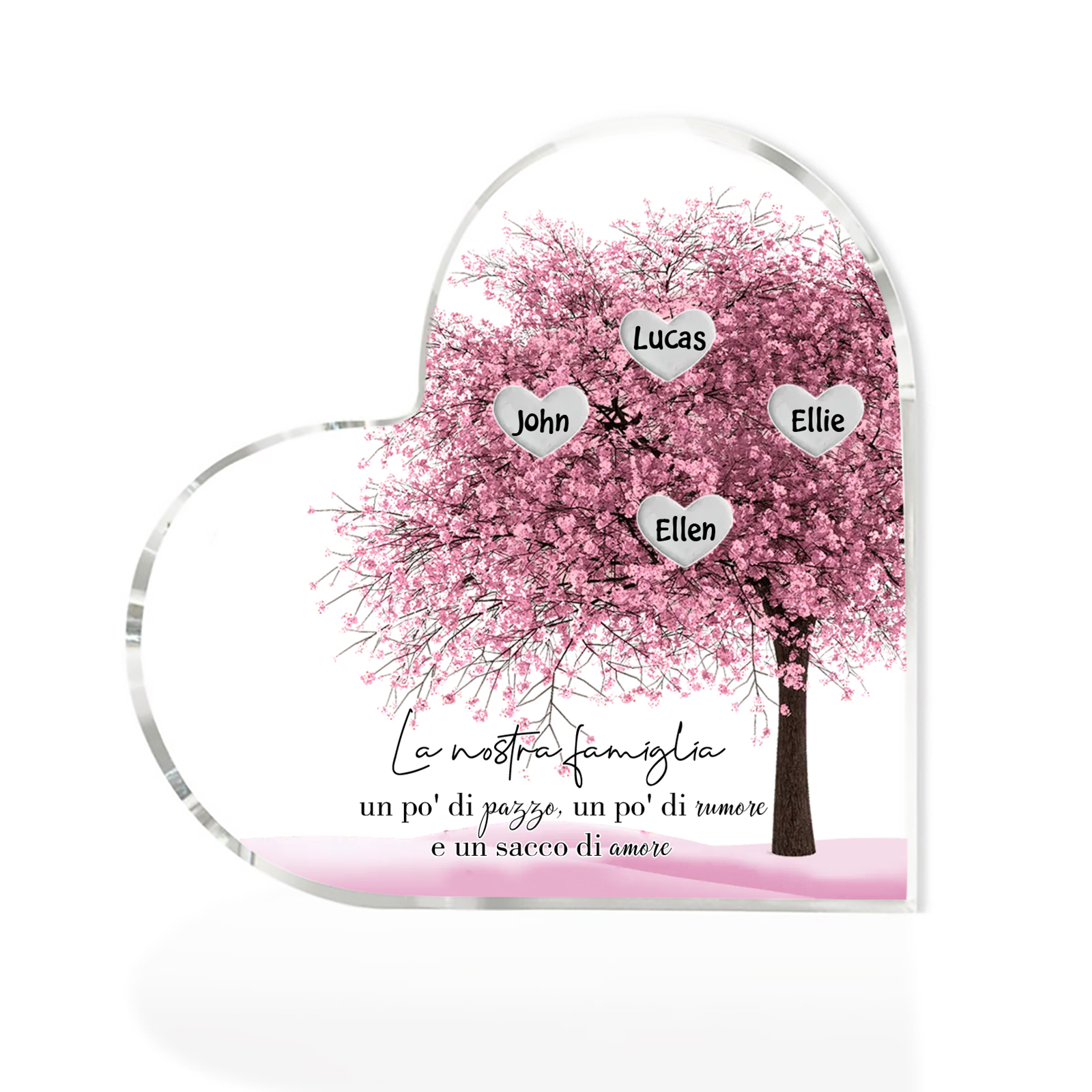 La Nostra Famiglia-Decorazione cuore acrilica con albero di cuore rosa con 4 nomi personalizzato