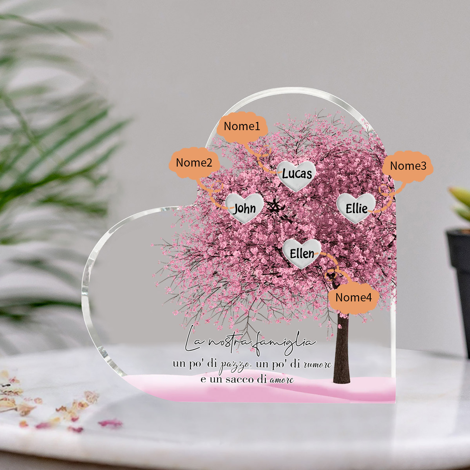 La Nostra Famiglia-Decorazione cuore acrilica con albero di cuore rosa con 4 nomi personalizzato