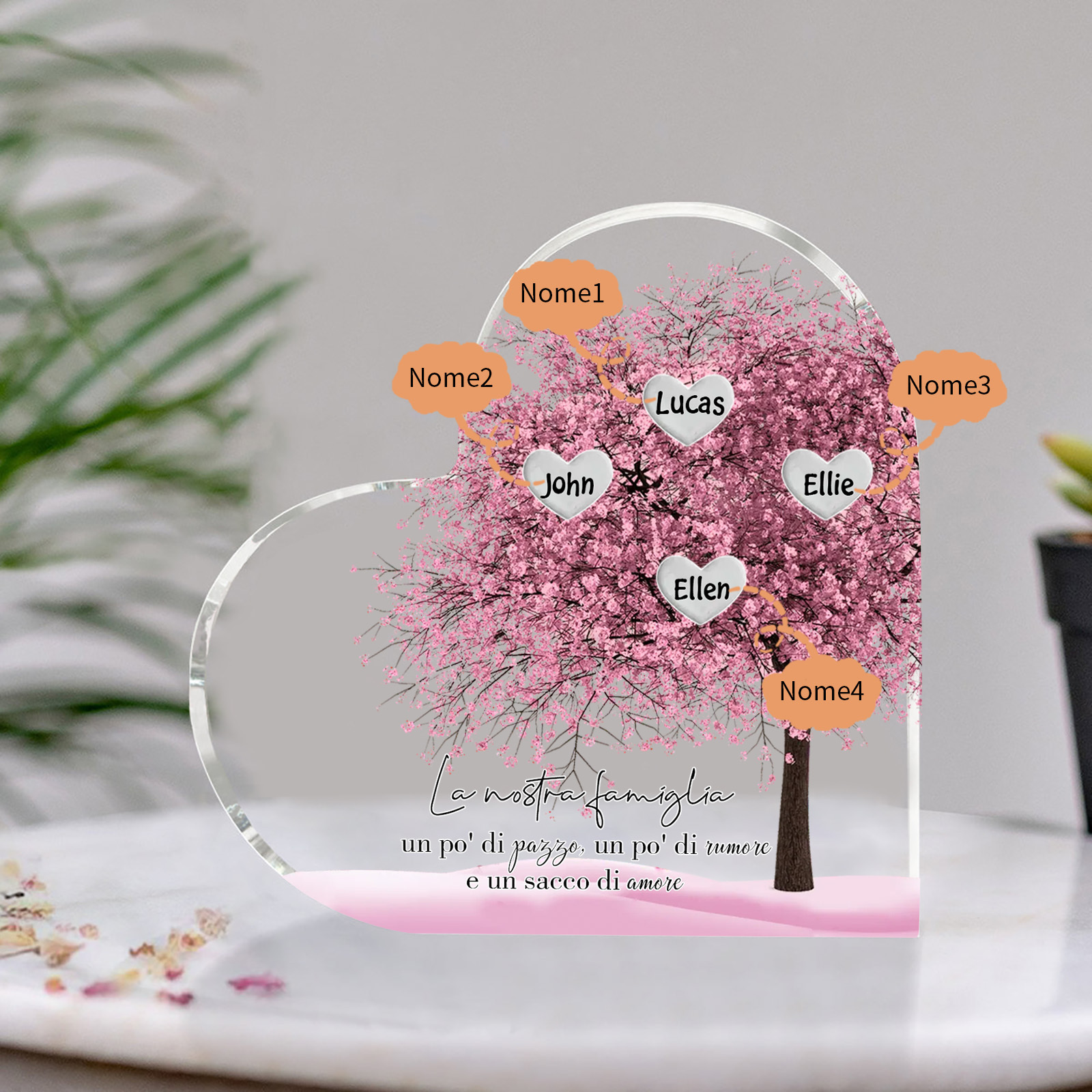 La Nostra Famiglia-Decorazione cuore acrilica con albero di cuore rosa con 4 nomi personalizzato