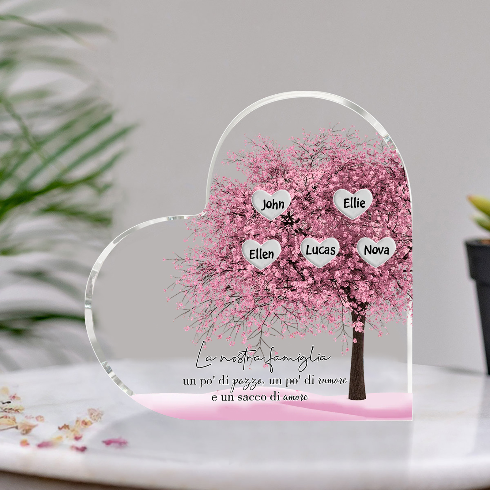 La Nostra Famiglia-Decorazione cuore acrilica con albero di cuore rosa con 5 nomi personalizzato