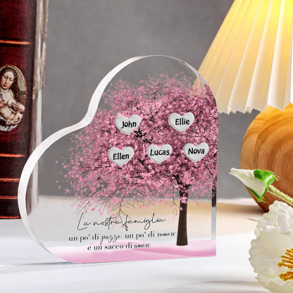 La Nostra Famiglia-Decorazione cuore acrilica con albero di cuore rosa con 5 nomi personalizzato