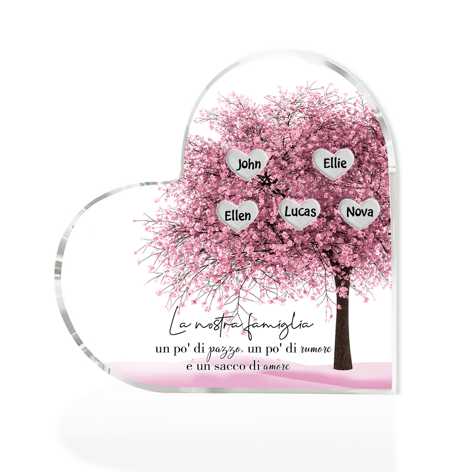 La Nostra Famiglia-Decorazione cuore acrilica con albero di cuore rosa con 5 nomi personalizzato