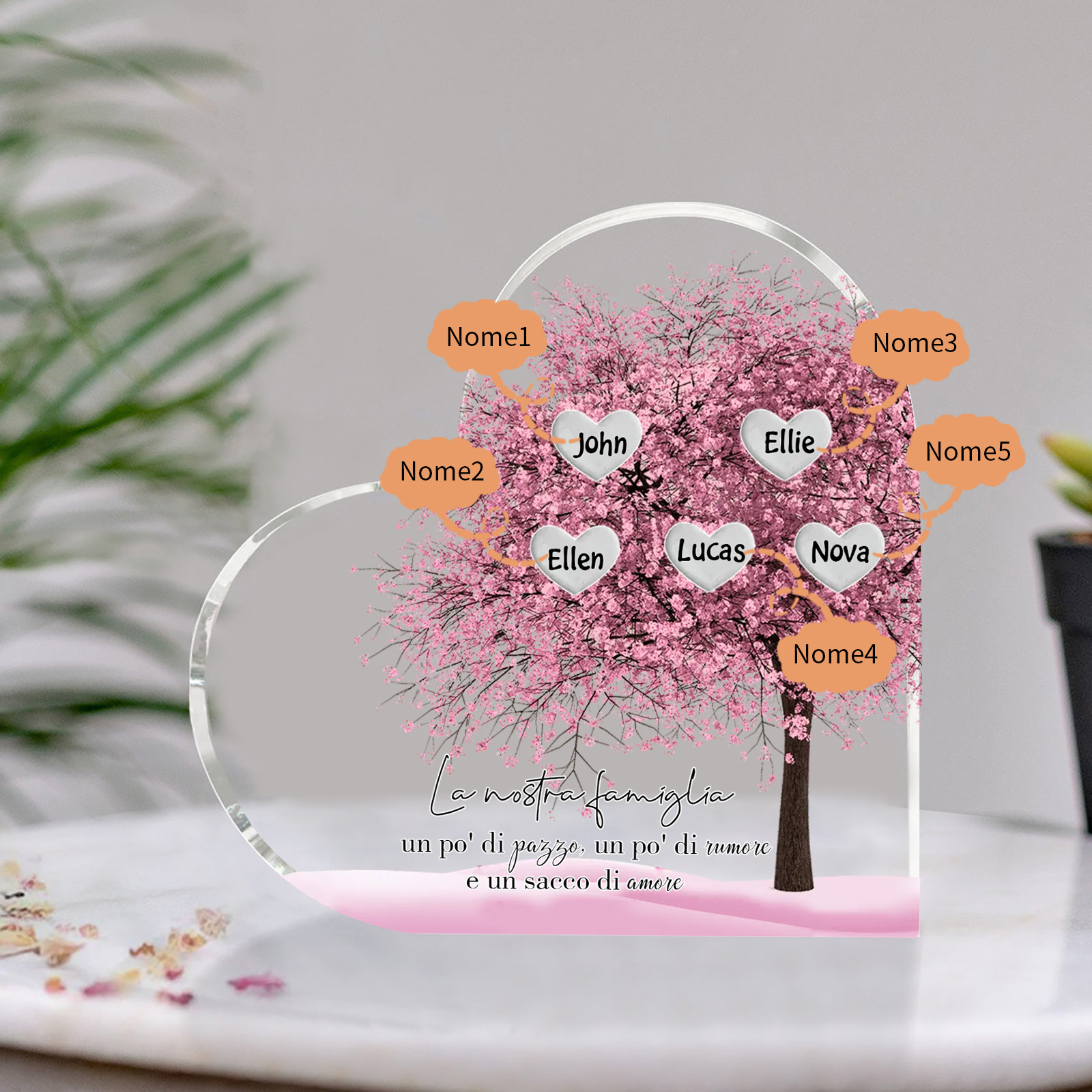 La Nostra Famiglia-Decorazione cuore acrilica con albero di cuore rosa con 5 nomi personalizzato
