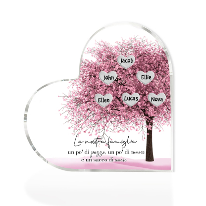La Nostra Famiglia-Decorazione cuore acrilica con albero di cuore rosa con 6 nomi personalizzati