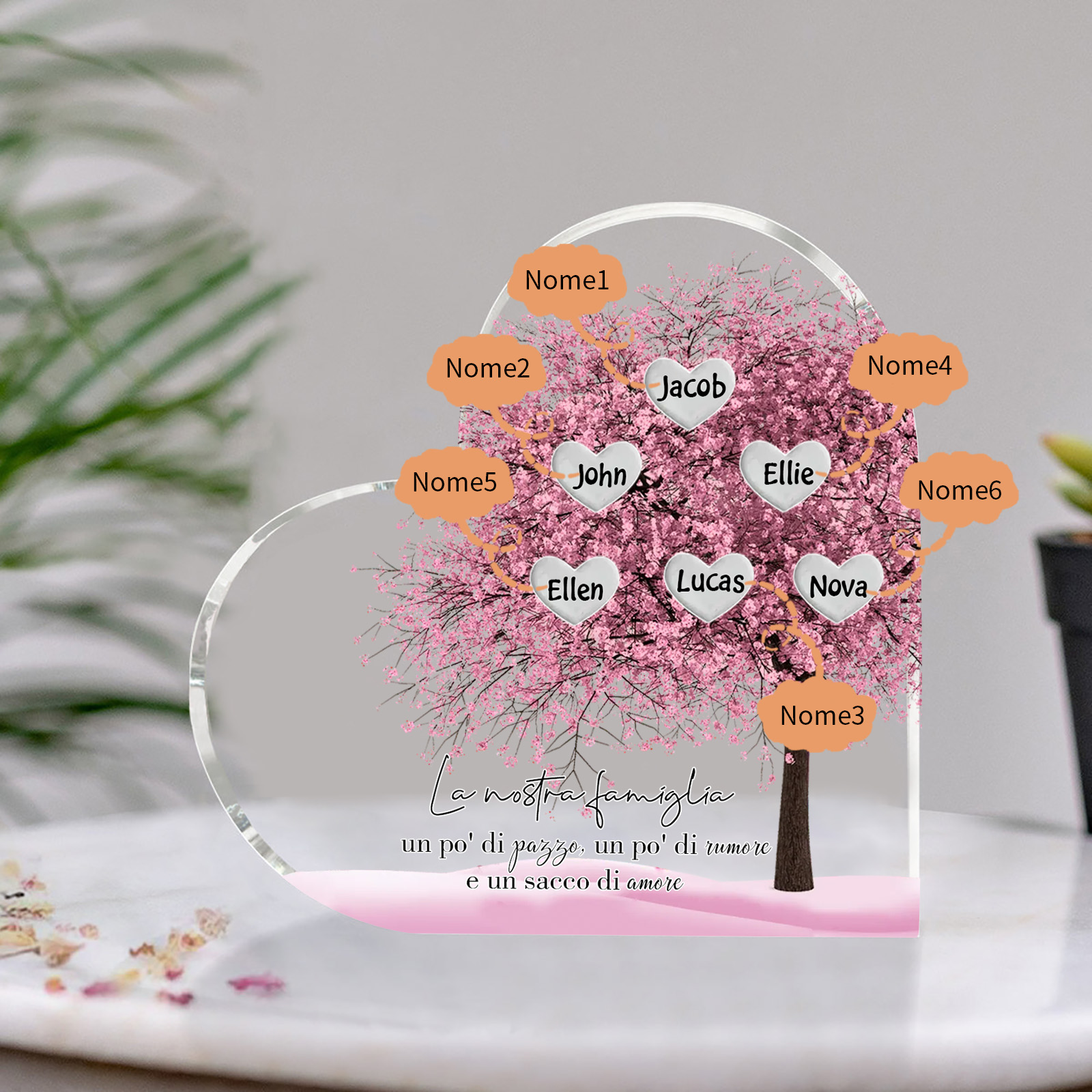 La Nostra Famiglia-Decorazione cuore acrilica con albero di cuore rosa con 6 nomi personalizzati