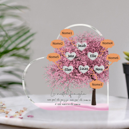 La Nostra Famiglia-Decorazione cuore acrilica con albero di cuore rosa con 6 nomi personalizzati