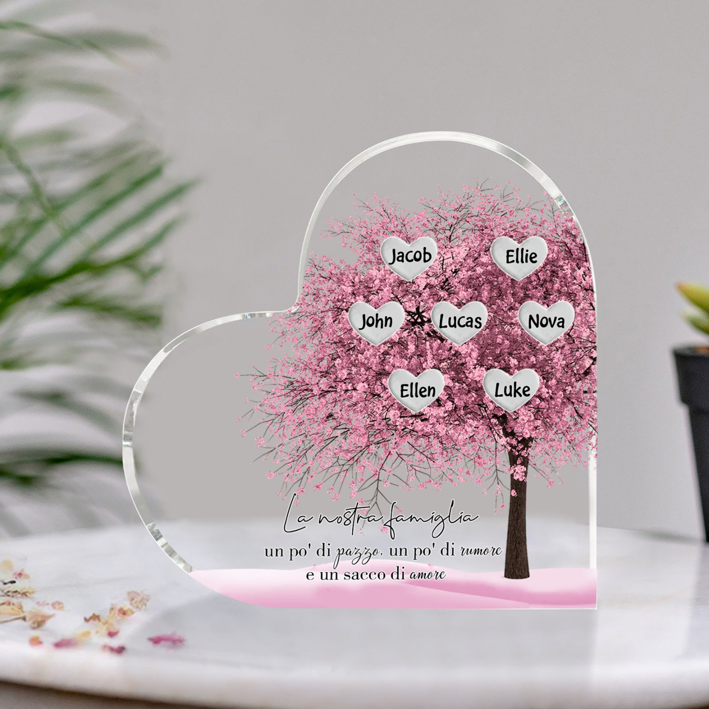 La Nostra Famiglia-Decorazione cuore acrilica con albero di cuore rosa con 7 nomi personalizzati