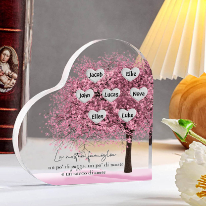 La Nostra Famiglia-Decorazione cuore acrilica con albero di cuore rosa con 7 nomi personalizzati