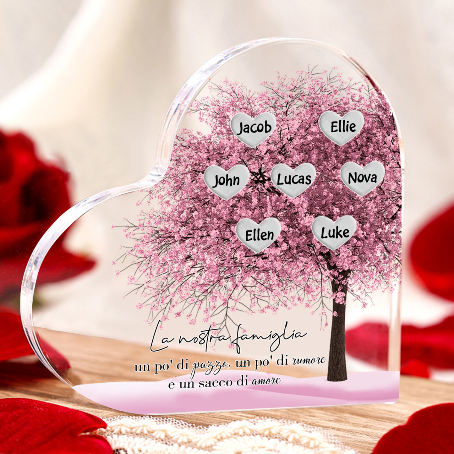 La Nostra Famiglia-Decorazione cuore acrilica con albero di cuore rosa con 7 nomi personalizzati
