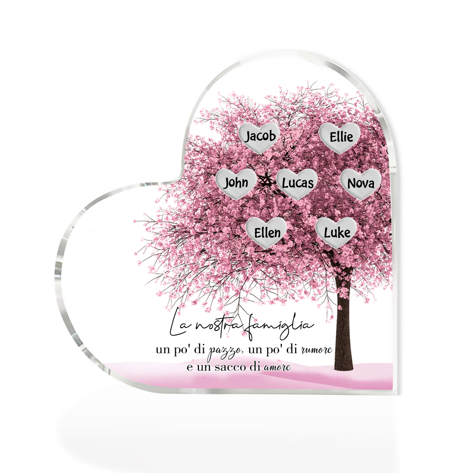 La Nostra Famiglia-Decorazione cuore acrilica con albero di cuore rosa con 7 nomi personalizzati