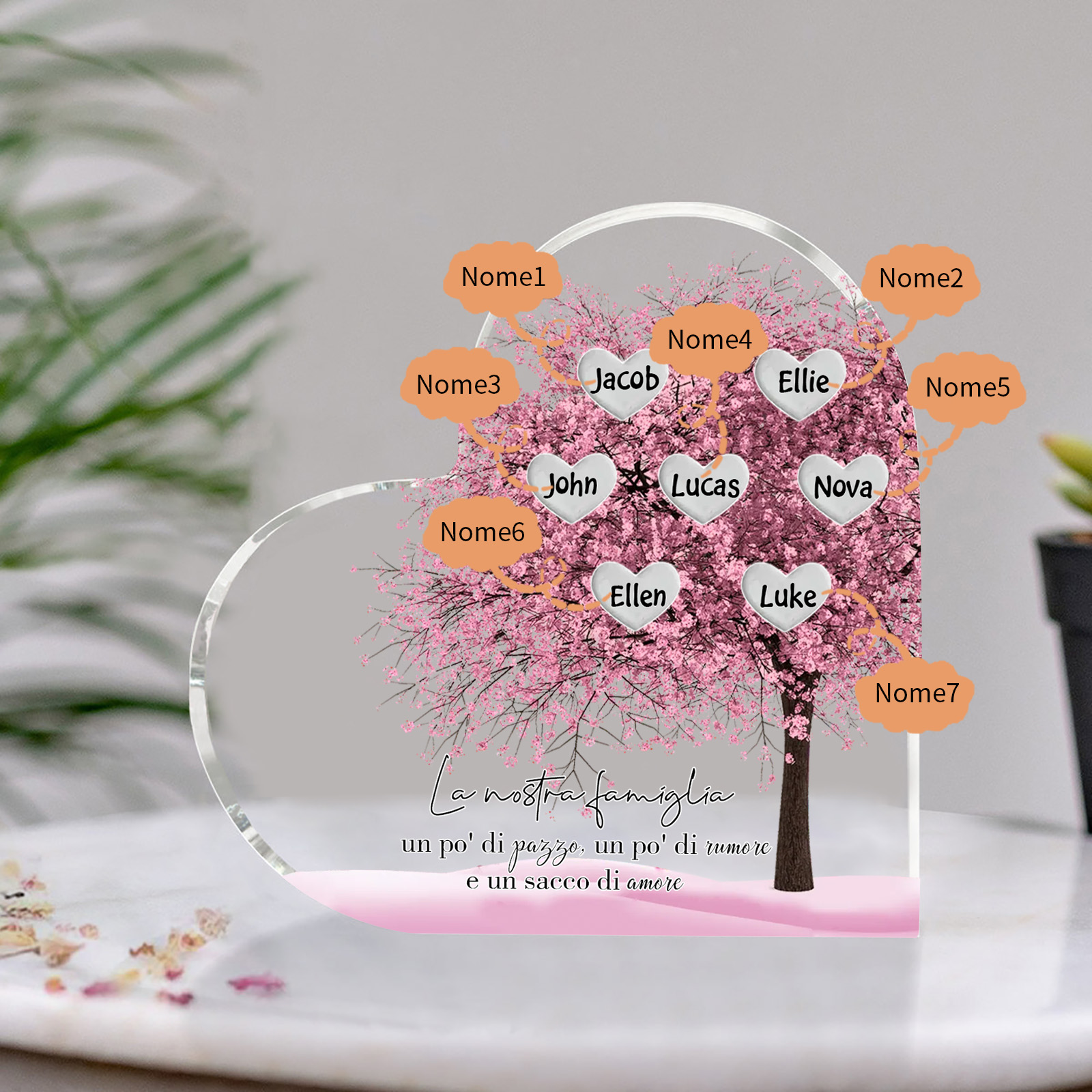 La Nostra Famiglia-Decorazione cuore acrilica con albero di cuore rosa con 7 nomi personalizzati