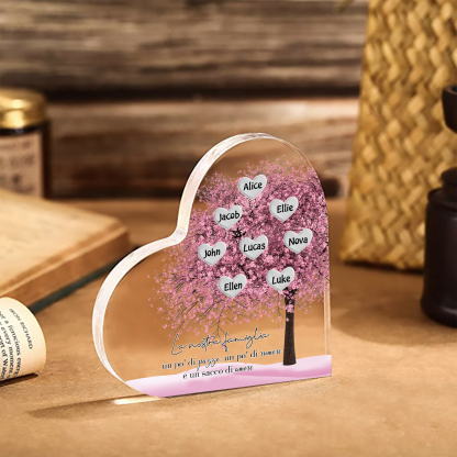 La Nostra Famiglia-Decorazione cuore acrilica con albero di cuore rosa con 8 nomi personalizzati