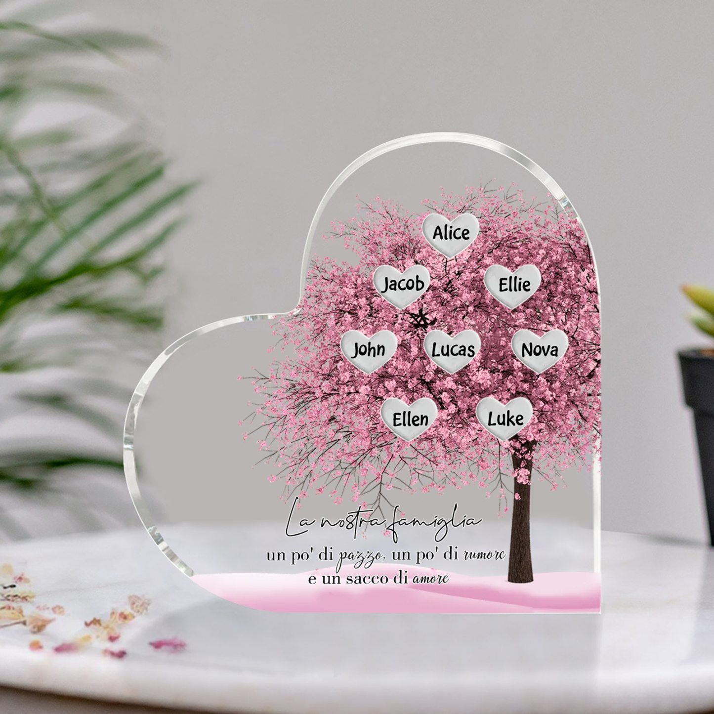 La Nostra Famiglia-Decorazione cuore acrilica con albero di cuore rosa con 8 nomi personalizzati