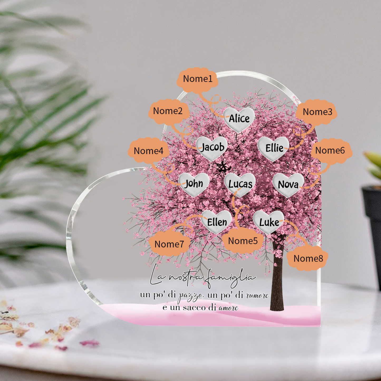 La Nostra Famiglia-Decorazione cuore acrilica con albero di cuore rosa con 8 nomi personalizzati