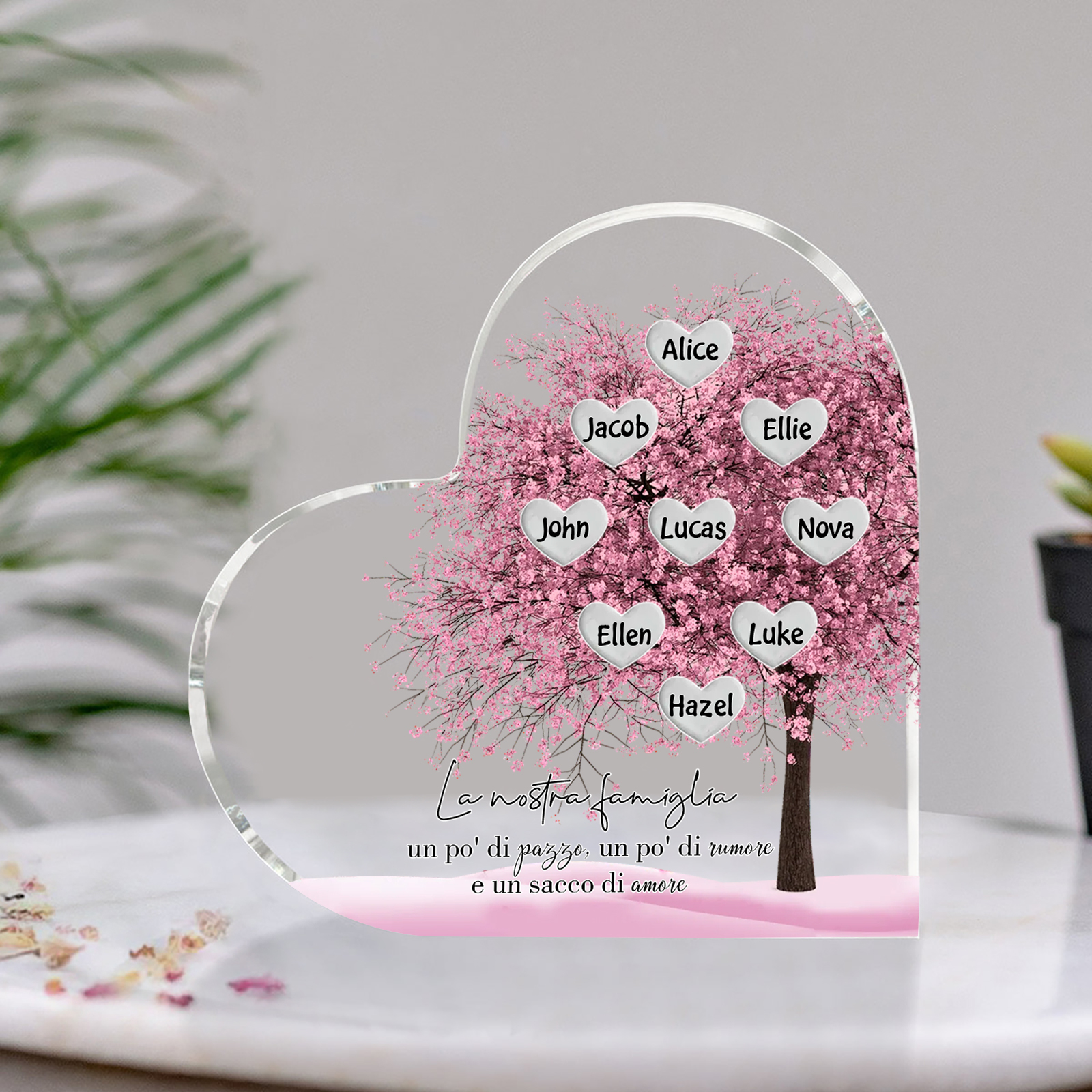 La Nostra Famiglia-Decorazione cuore acrilica con albero di cuore rosa con 9 nomi personalizzati
