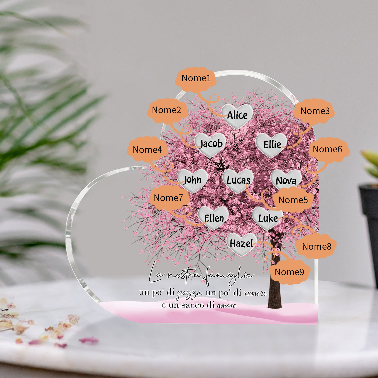 La Nostra Famiglia-Decorazione cuore acrilica con albero di cuore rosa con 9 nomi personalizzati