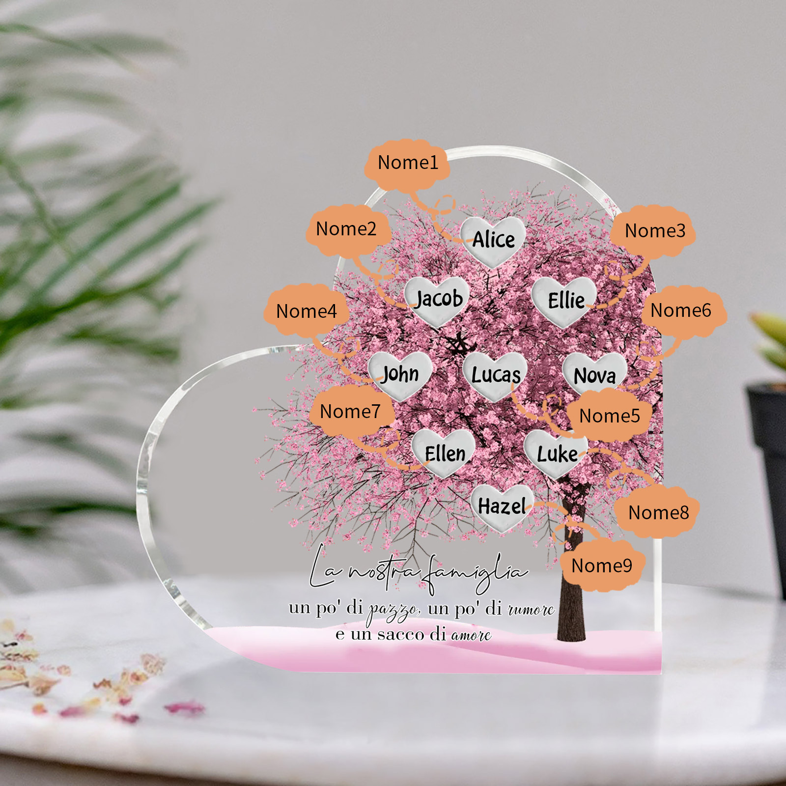 La Nostra Famiglia-Decorazione cuore acrilica con albero di cuore rosa con 9 nomi personalizzati