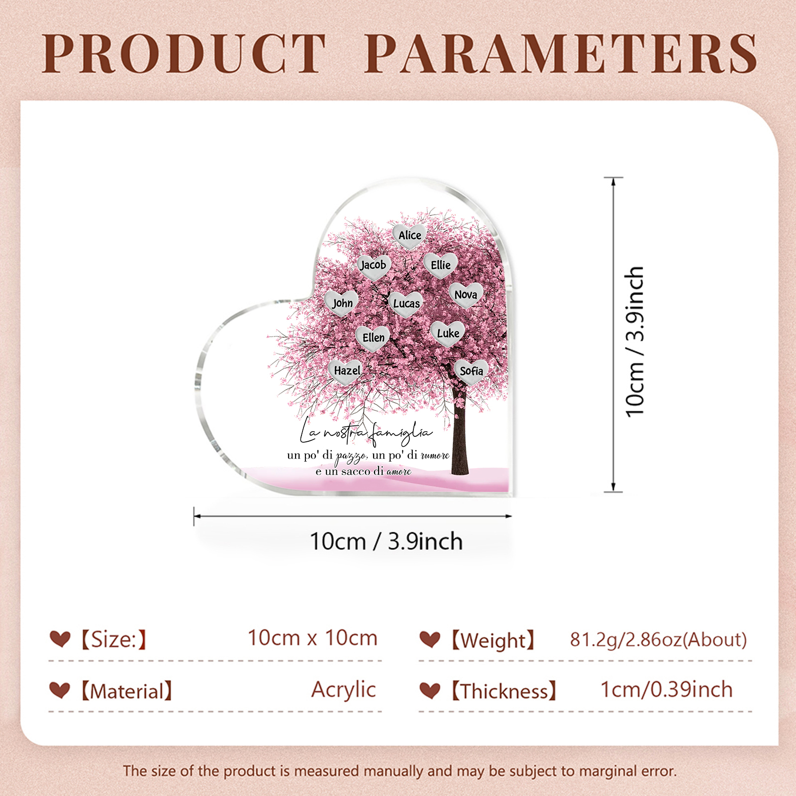 La Nostra Famiglia-Decorazione cuore acrilica con albero di cuore rosa con 10 nomi personalizzati