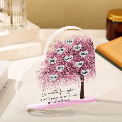La Nostra Famiglia-Decorazione cuore acrilica con albero di cuore rosa con 10 nomi personalizzati