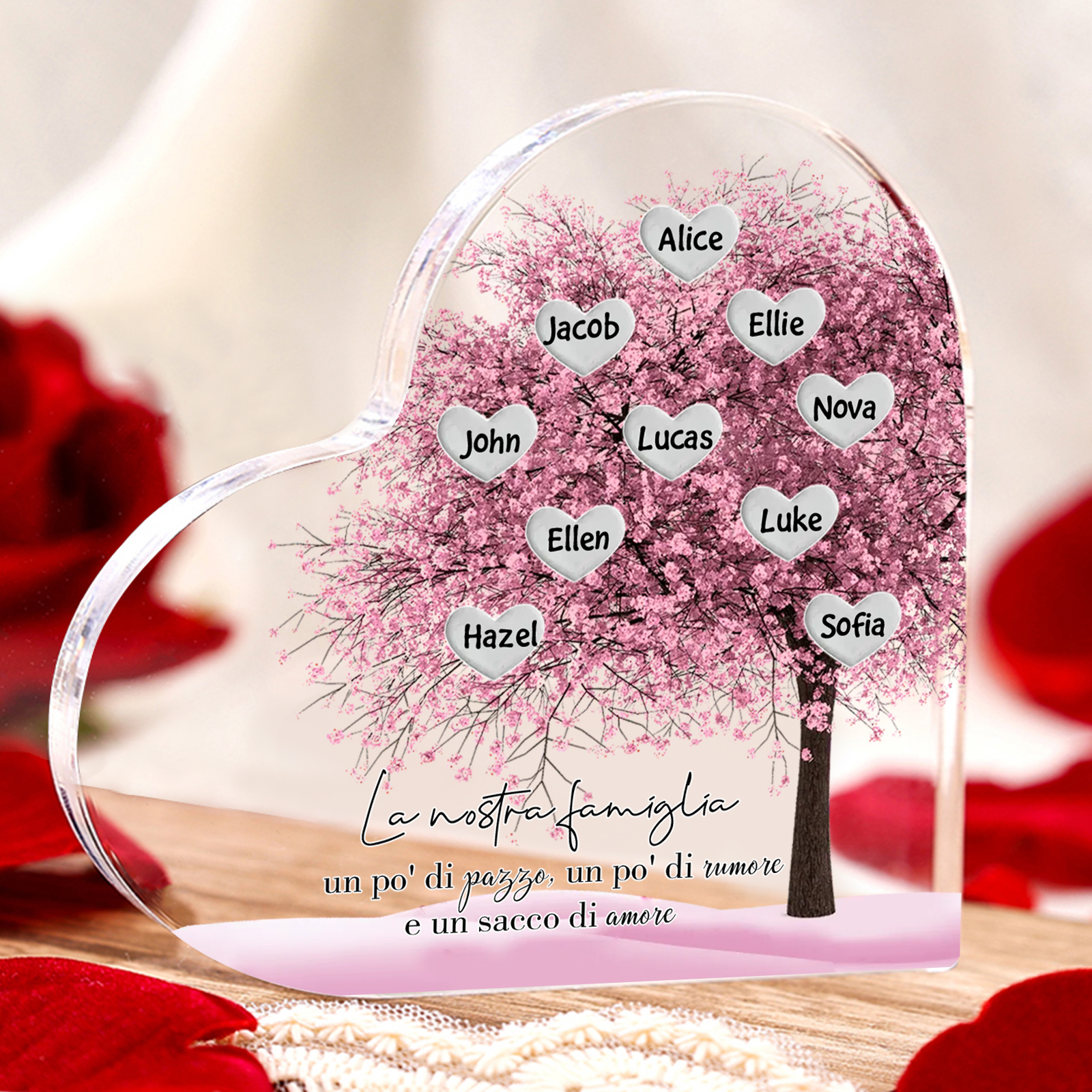 La Nostra Famiglia-Decorazione cuore acrilica con albero di cuore rosa con 10 nomi personalizzati