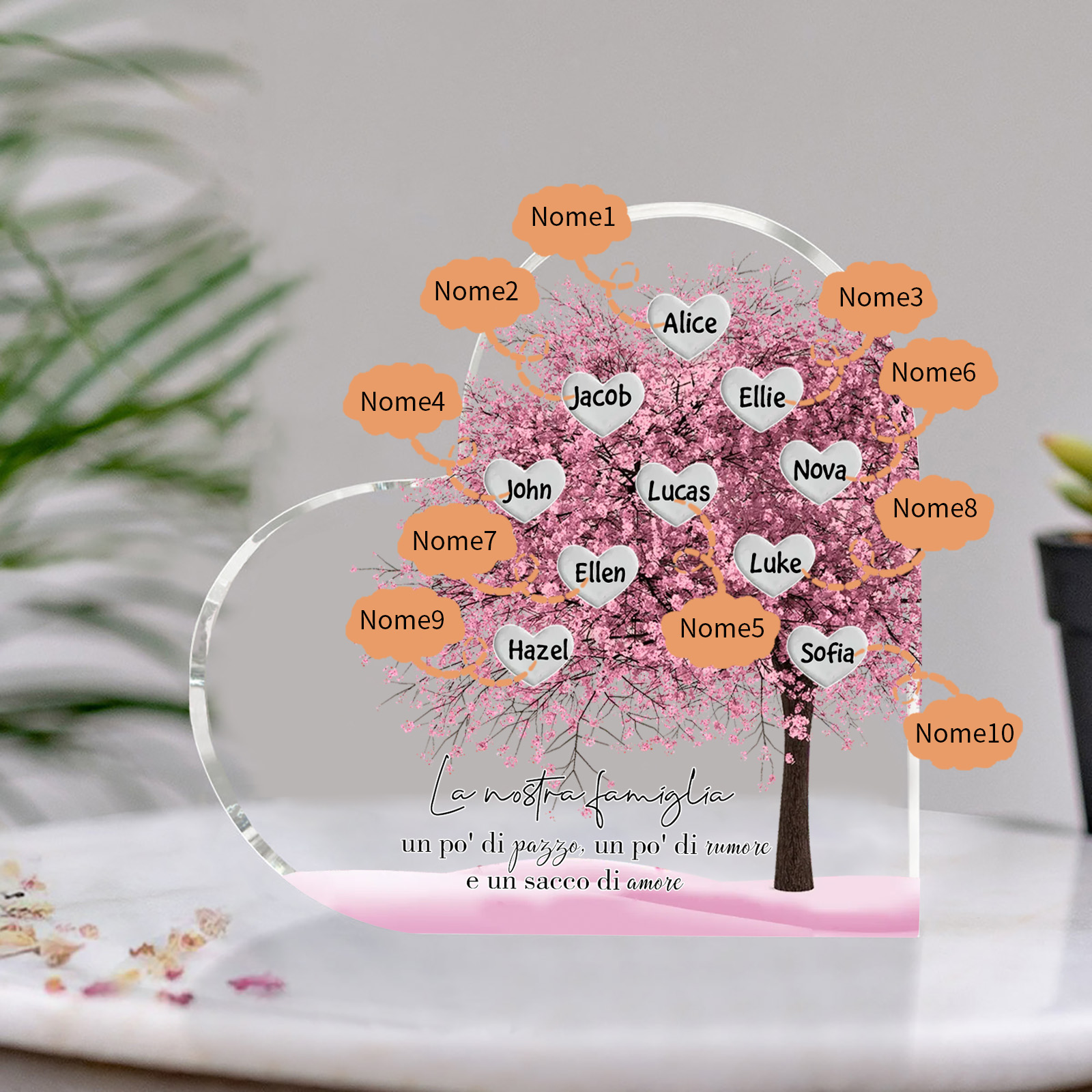 La Nostra Famiglia-Decorazione cuore acrilica con albero di cuore rosa con 10 nomi personalizzati