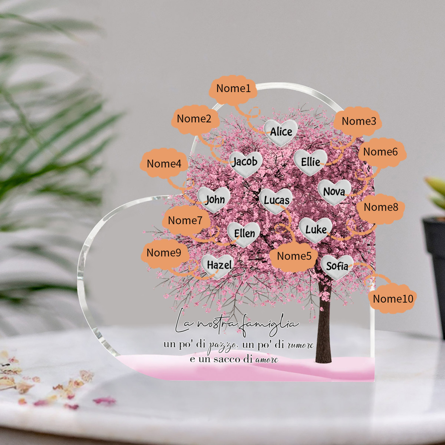 La Nostra Famiglia-Decorazione cuore acrilica con albero di cuore rosa con 10 nomi personalizzati