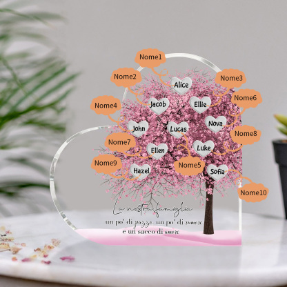 La Nostra Famiglia-Decorazione cuore acrilica con albero di cuore rosa con 10 nomi personalizzati