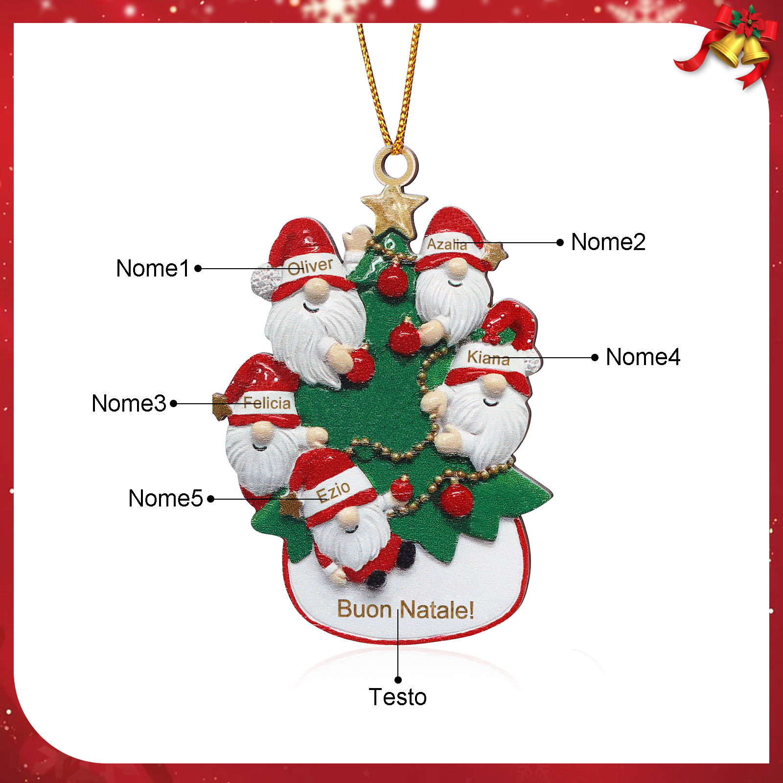 Decorazione Natalizia Personalizzata in Legno con Babbo Natale - 5 Nomi Personalizzati e Testo Regalo di Natale per la Famiglia | Jessemade