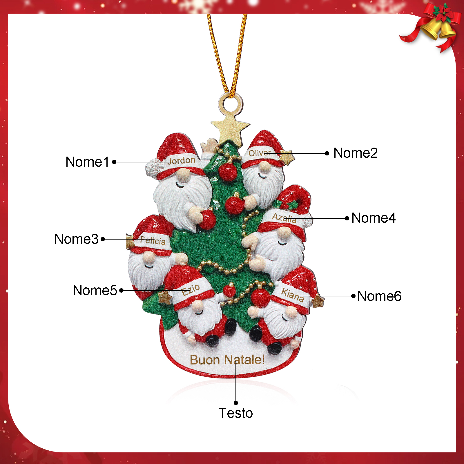 Decorazione Natalizia Personalizzata in Legno con Babbo Natale - 6 Nomi Personalizzati e Testo Regalo di Natale per la Famiglia | Jessemade