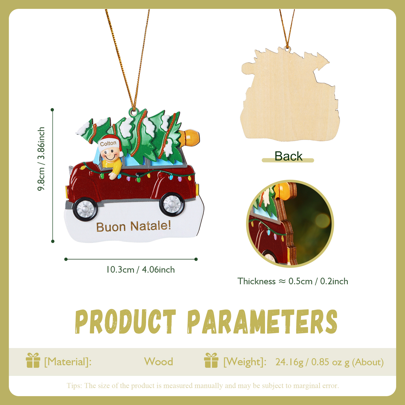 Decorazione Natalizia in Legno Personalizza 1 Nomi e 1 Testo - Design Auto Rossa con Albero, Regalo di Natale per Famiglia | Jessemade